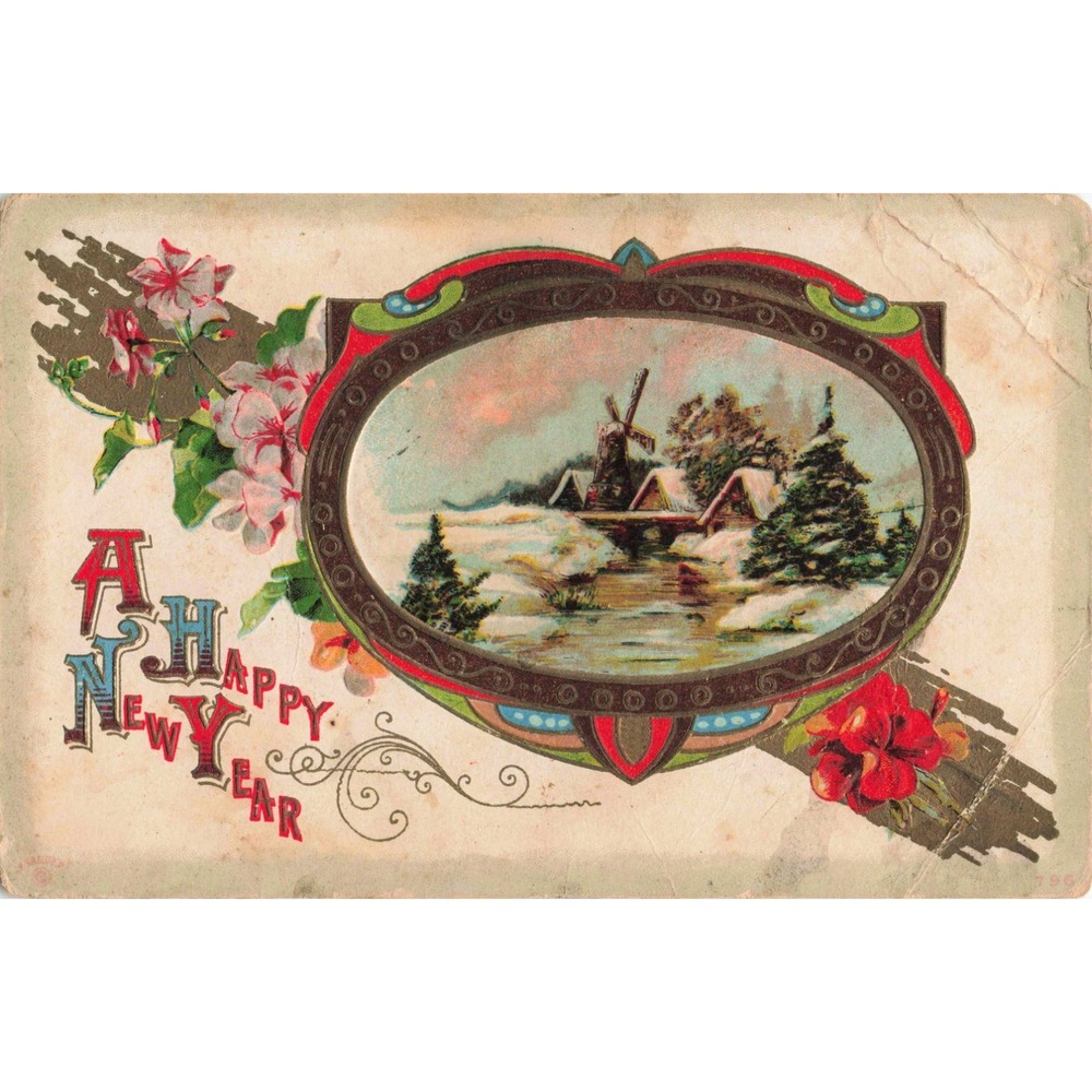 Vintage 1914 Happy New Year Postcard Winter Windmill Scene Vandalia IL Postmark - Picture 1 of 2